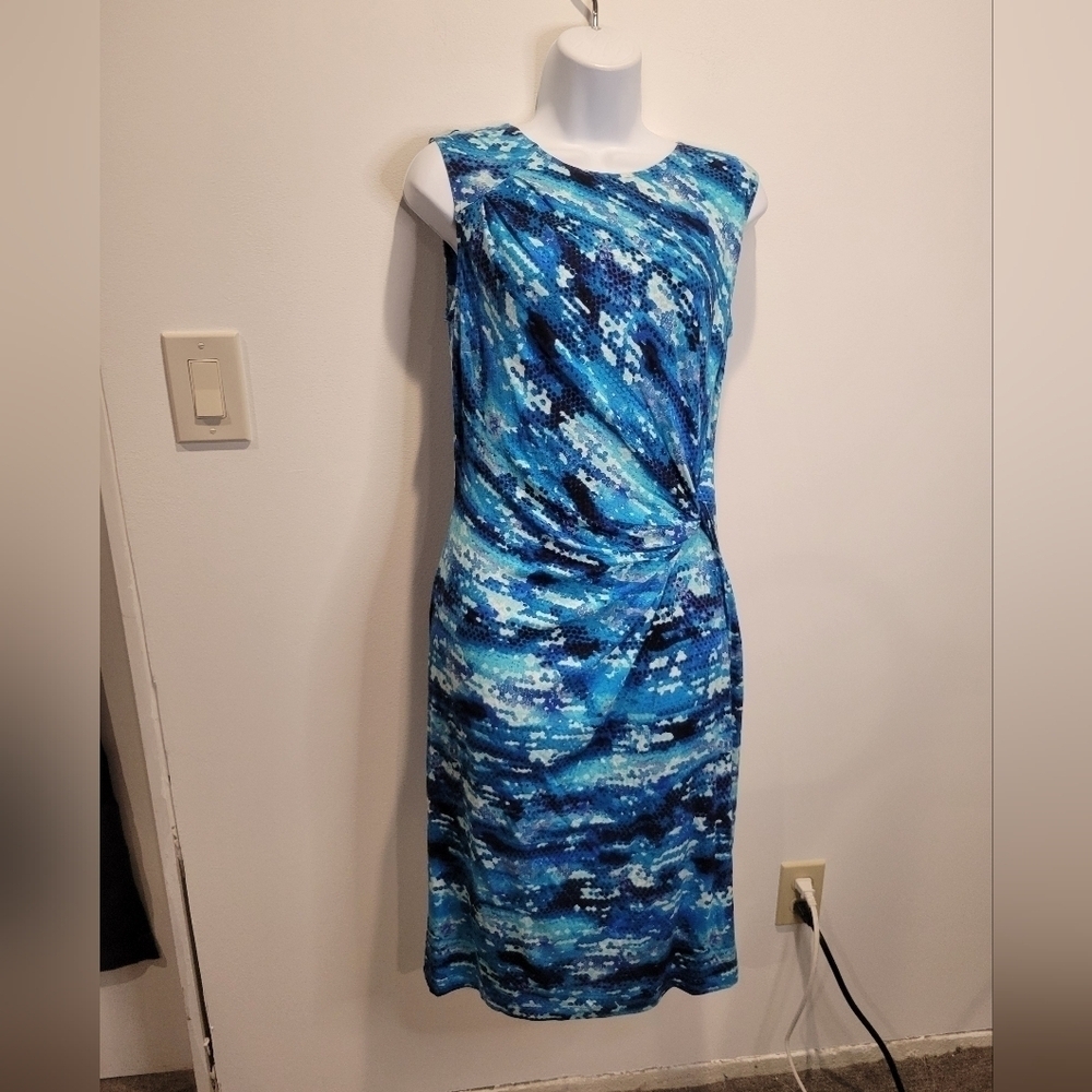 Nic+zoe size xs blue abstract waves print sleeveless dress